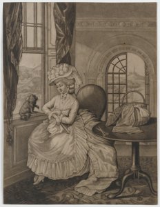 Untitled (woman sitting at a window regarding a small dog), c.1780 by English School