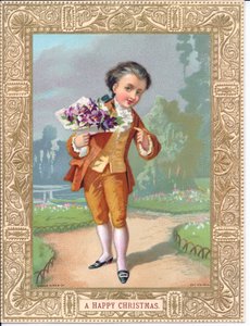 Victorian Christmas Card of a Young Boy Dressed in Victorian Clothes Holding a Bouquet of Flowers, c.1880