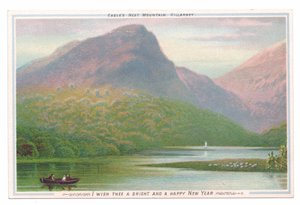 Victorian New Year Card of Three People in a Rowboat on a Lake Near Forests and Mountains, c.1880