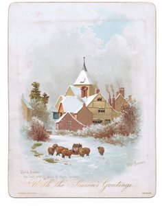 Victorian Greeting Card of Sheep Wandering Near a Church in the Snow, c.1880