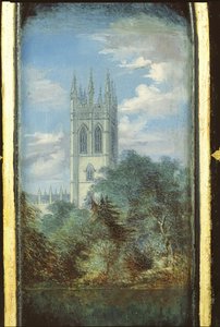 Victorian Sewing Cabinet Panel Decorated with a Scene of Magdalen College, Oxford by English School
