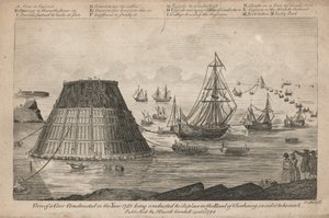 View of a cone constructed in the year 1785 being conducted to its place in the Road of Cherbourg by English School