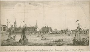 View of Old London Bridge as it appeared after the Fire of 1758 by English School