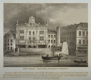 View of the Dukes Theatre, Dorset Gardens, from the River Thames by English School