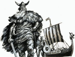 Viking and Longship by English School