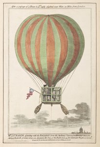 Vincent Lunardi airborne after his ascent from Moorfields, September 1784 (coloured engraving)