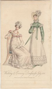 Walking and evening dresses for July 1818 by English School