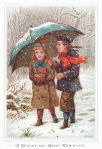Walking under umbrella in snow storm by English School