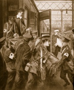 War wounded arriving at a London train terminus by English School