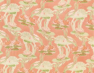 Water lilies on a coral background, textile design by English School