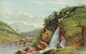 Waterfall and cattle by English School