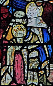 Window Ew depicting St Anne, Joachim, the Virgin Mary and the Christ Child by English School