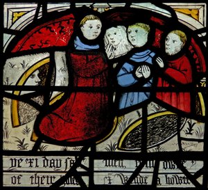 Window N3 depicting the Last Fifteen Days of the World (the Pryke of Conscience window): People emerge from their holes to pray by English School