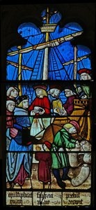 Window depicting a scene from a legend of St Nicholas: the grain ships unload at Myra