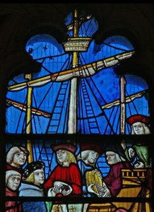 Window depicting a scene from a legend of St Nicholas: the grain ships unload at Myra