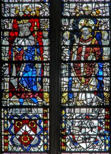 Window depicting figures and shields below