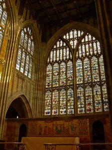 Window depicting a view of the north side of the church at the east end by English School