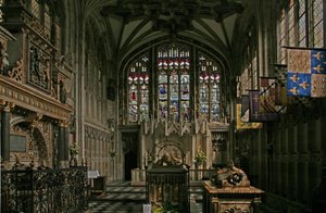 Window depicting the east window of the Beauchamp Chapel by English School