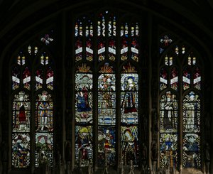 Window depicting the east window of the Beauchamp Chapel; it was vandalised by the Puritans in 1643, but has been very skillfully restored, with certain figures being reconstituted from fragments by English School