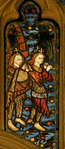 Window depicting musician angels with pipes