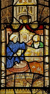 Window 5 depicting St Neot studies the psalter - feet in water by English School