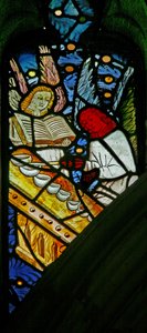 Window depicting musician angels with a glockenspiel
