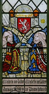 Elizabeth Talbot, Duchess of Norfolk and Elizabeth Tilney, Countess of Surrey with the Coat of Arms of the Mowbray Family Above