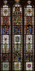 Window w31 depicting a composite window with St Edmund, St William, St George, Annunciation, Adoration of the Magi