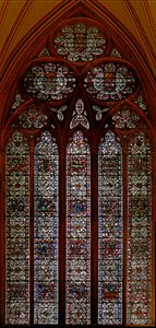 Window depicting the Chapter House east window: Childhood of Christ: Death of the Virgin by English School