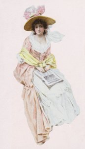Woman in Victorian or Edwardian dress reading a newspaper