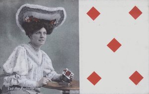 Woman with playing cards and the five of diamonds by English School
