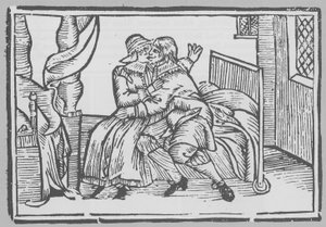 Woodcut Depicting a Man and a Woman Seated on a Bed