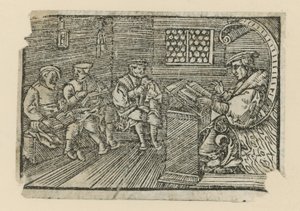 Woodcut depicting a teacher by English School