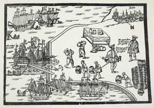 Woodcut illustrating the wine trade between Bordeaux and England