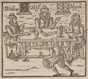 Woodcut showing women sitting around a table, A widow, wife and maid by English School
