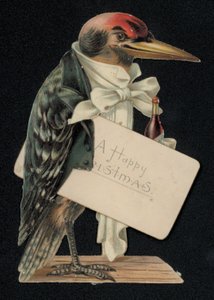 Woodpecker dressed as a waiter or butler, Christmas greetings card by English School