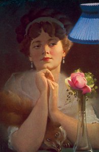 Young woman and a fox under lamplight by English School