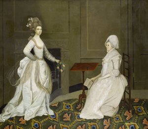 Two Ladies in an Interior, One Reading, the Other Holding a Garland of Flowers by English School, 18th Century