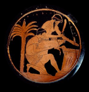 Greek Art: Cup with Red Figures in Ceramic, Medallion: Sacrifice of a Pig on an Altar During a Religious Rite