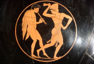 Drinking Cup, Kylix of Girl Dancing with Youth Playing Flute, Attic, c. 510 BC by Epikektos