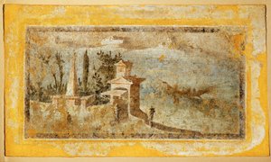 Coastal Landscape: Constructions on Shore, Trees and Fishing Boat
