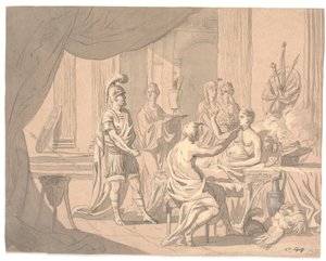 Antique Scene. A Noble Lady Adorned by Other Ladies in Front of a Helmeted Warrior