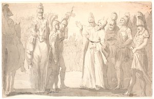 Figurative Scene with a Holy, Horned Man Among Roman Soldiers by Erik Pauelsen