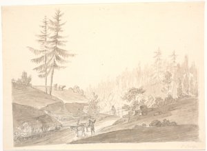 Norwegian Mountain Landscape with Cattle and Two Men by Erik Pauelsen