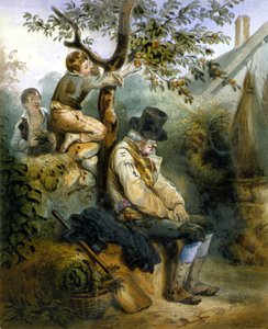 Children stealing apples under the asleep farmer