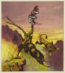 The lion and rhinoceros fall over the cliff while arguing over who gets the first bite of the three mariners