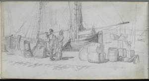 Sketchbook, Page 50: Boats, Figures, Cargo on a Beach