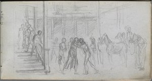 Sketchbook, page 62: Figure Study, Stairway, Horse