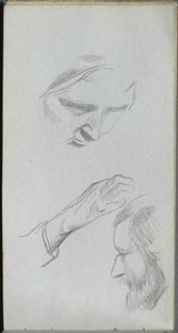 Sketchbook, page 70: Study of Two Faces and a Hand