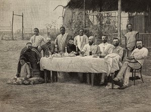 Anti-slavery society banquet at Italian consulate in Boma, Democratic Republic of Congo (engraving by Ernesto Mancastropa from photograph by Giuseppe Corona)